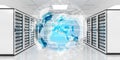 Earth network flying over server room data center 3D rendering Royalty Free Stock Photo
