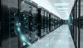 Earth network flying over server room data center 3D rendering Royalty Free Stock Photo