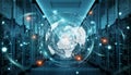 Earth network flying over server room data center 3D rendering Royalty Free Stock Photo