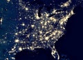 Earth at night, view of city lights in East of United States from space. USA on world map on global satellite photo. US terrain on