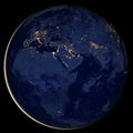 Earth at night, view of city lights showing human activity in Europe, Africa and Asia from space. World map on dark globe on