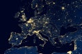 Earth at night, view of city lights showing human activity in Europe from space. EU and Mediterranean on world dark map on global