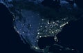 Earth at night, view of city lights showing human activity in USA from space. North America on world dark map on global satellite Royalty Free Stock Photo