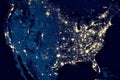 Earth at night, view of city lights in United States from space. USA on world map on global satellite photo. US terrain on dark Royalty Free Stock Photo