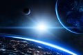 Earth in the outer space with beautiful planet. Blue sunrise.