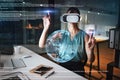 Earth overlay, global network or woman in virtual reality or vr for a 3d experience in office at night. Future