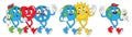 Earth, Peace, Love in trendy retro cartoon style. Funny globe, heart, sun, planet, flower characters with smiley face. Royalty Free Stock Photo