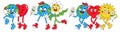 Earth, Peace, Love in trendy retro cartoon style. Funny globe, heart, sun, planet, flower characters with smiley face. Royalty Free Stock Photo