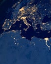 Earth photo at night, City Lights of Europe, Italy. Satellite photo. Elements of this image furnished by NASA. Royalty Free Stock Photo