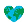 Earth physical map in a shape of a heart. Vector concept illustration of a blue and green earth planet in a heart shape. Royalty Free Stock Photo