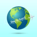 Earth and plane with time to travel the world concept, vector illustration Royalty Free Stock Photo