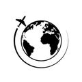 Earth and plane. Travel around the world picture. Globe and plane icon. Air travel line icon. Plane, journey, transportation.