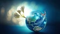 Earth planet on blue background with white flower and butterfly for environmental concept Royalty Free Stock Photo