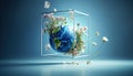 Earth planet on blue gradient background with white flowers for environmental concept Royalty Free Stock Photo