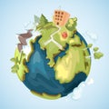 Earth planet with buildings, trees, mountains and nature elements vector illustration in cartoon style Royalty Free Stock Photo