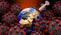Earth planet with cornavirus cells and syringe with medication drug 3D rendering illustration. Cure, vaccination or vaccine