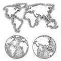 Earth planet globe and map. Vector black vintage engraving illustration Royalty Free Stock Photo