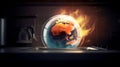 earth planet globe over flames of a stove burning, the concept of conventional