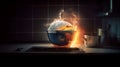 earth planet globe over flames of a stove burning, the concept of conventional