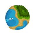 Earth planet globe with tropical island and powerboat vector Illustration on a white background