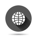 Earth planet icon in flat style. Globe geographic vector illustration on black round background with long shadow effect. Global