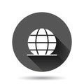 Earth planet icon in flat style. Globe geographic vector illustration on black round background with long shadow effect. Global
