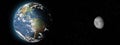 Earth planet and Moon satellite on dark background. Aspect ratio. Elements of solar system. Banner with copy space.Front view. Royalty Free Stock Photo