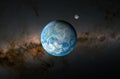 Earth planet with moon in the solar system - 3d illustration, closeup view Royalty Free Stock Photo