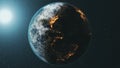 Earth planet orbit rotate at bright sun in dark outer space. Realistic third planet of Solar system