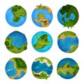 Earth planet set, globe with ocean and green simmer islands vector Illustrations on a white background