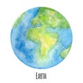 Earth Planet of the Solar System watercolor illustration. Globe Symbol, World map, ecology green Earth day concept on