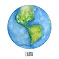 Earth Planet of the Solar System watercolor illustration. Globe Symbol, World map, ecology green Earth day concept on