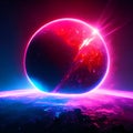 Earth planet in space with rays of light. Futuristic background with planet. 3D illustration generative AI Royalty Free Stock Photo