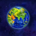 Earth planet in space view of Asia and Europe - hand drawn watercolor illustration Royalty Free Stock Photo