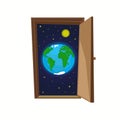 Earth planet with stars and sun inside door.