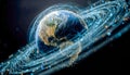 Earth planet surrounded by glowing digital network connections and data streams representing global connectivity and technology Royalty Free Stock Photo