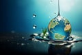 Earth planet in water drop. Global warming concept. 3D Rendering Ai generative Royalty Free Stock Photo