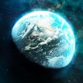 Earth, planet or world with glow in space for astronomy study, science and light in universe. 3d global sphere, sunrise