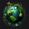 The Earth planet wtih plants around it on a black background. The Earth day concept. Created with Generative AI