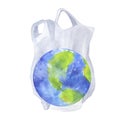 Earth in a plastic bag. Pollution planet. World Environment Day concept. Save Earth. Hand drawn watercolor illustration