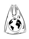 The Earth in a plastic packet. A conceptual black and white illustration of the pollution of the world with plastic waste.