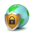 Earth Protected by a Yellow Metallic Shield with Padlock
