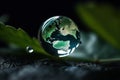 Earth reflection inside rain drop on green leaf, flat top view. Generative AI