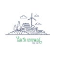 Earth renewed concept thin line vector illustration. Windmill and solar energy as an alternative electricity resource