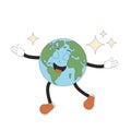 Earth in retro mascot style. Cute planet character flying with closed eyes isolated on white background. Vector globe with face Royalty Free Stock Photo