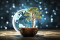 Earth-rooted growth Tree on globe, blue abstract backdrop embodying eco-conscious tech synergy