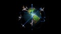 Earth rotating and Aircraft Traffic against black, Alpha, stock footage