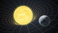 Earth rotating around Sun. Gravity and general theory of relativity concept. 3D rendered illustration