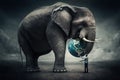 EarthÃÂ´s day represented with a big elephant holding the world on a dark background. Generative AI