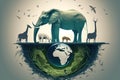 EarthÃÂ´s day represented with a big elephant and others big animals on a light background. Generative AI